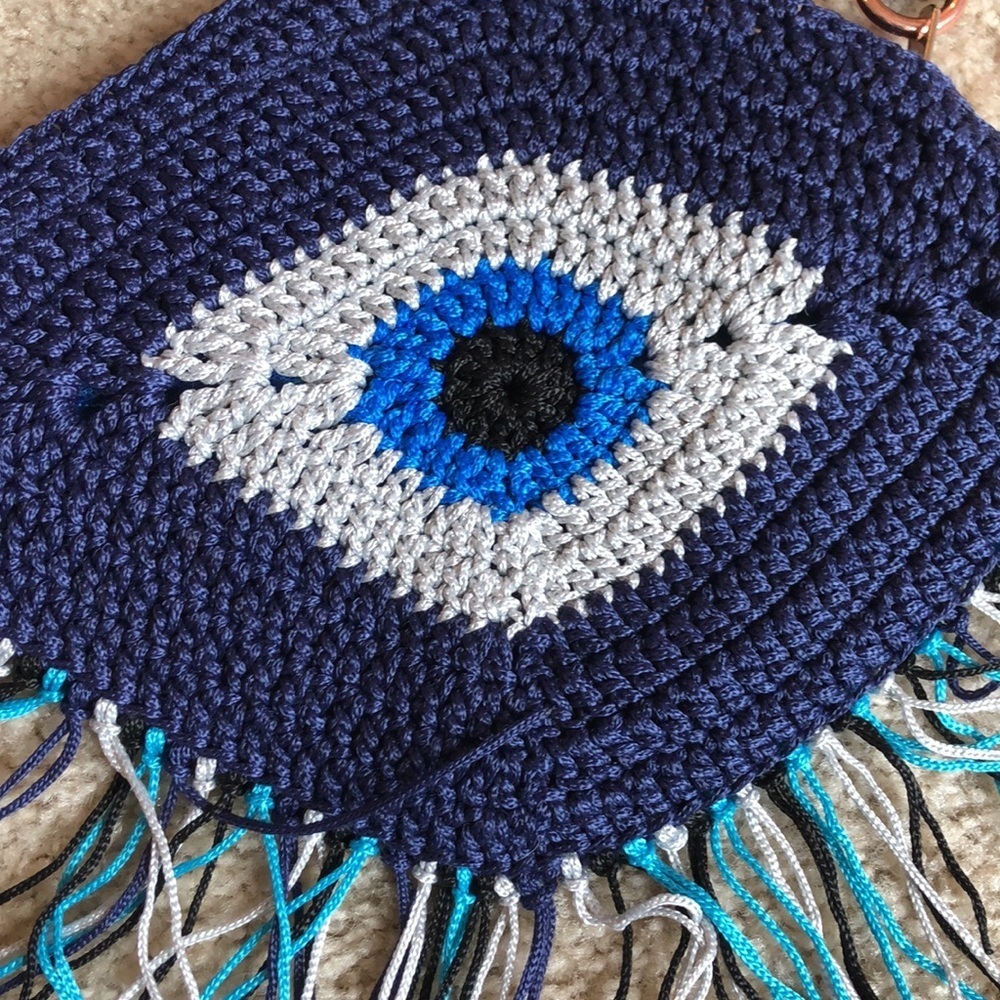 Evil eye knitted clutch blue white fringe bag handbag wristlet navy bag - Picture 4 of 7